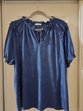 Women's Blue Ruffle Tie-Neck Blouse